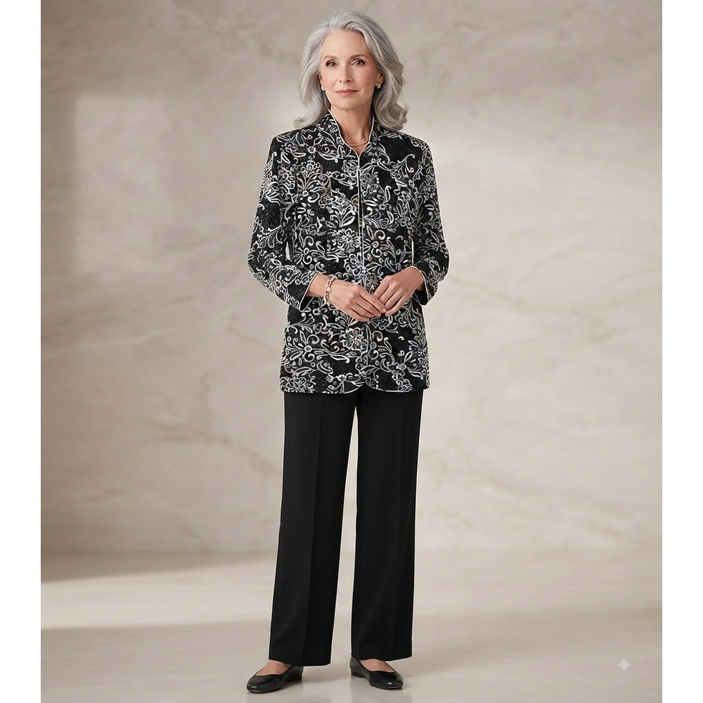 Alex Evenings Womens XL Black Silver Metallic Floral Jacket and Tank Set 2 Piece